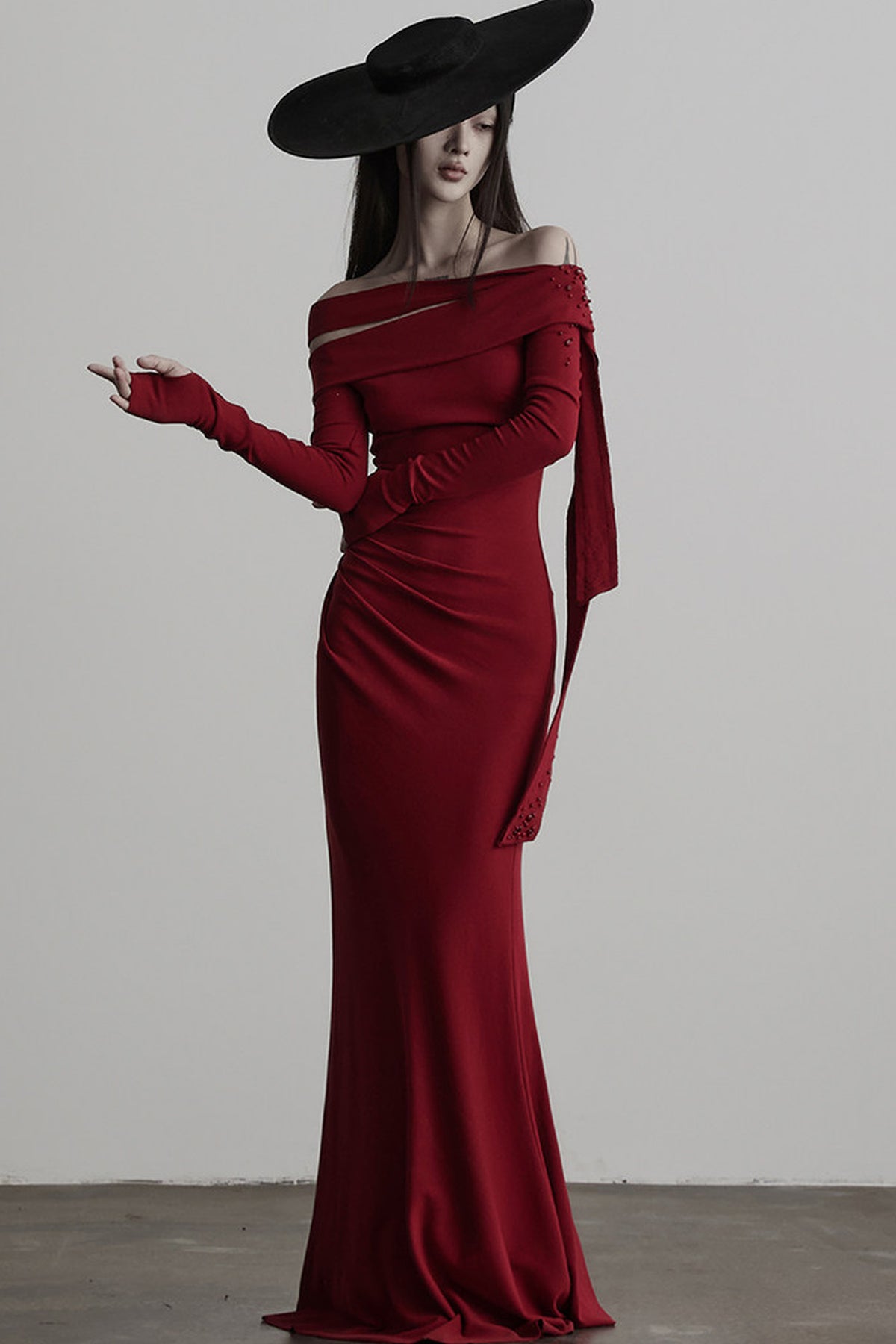 French Off-Shoulder Knitted Long-Sleeve Dress