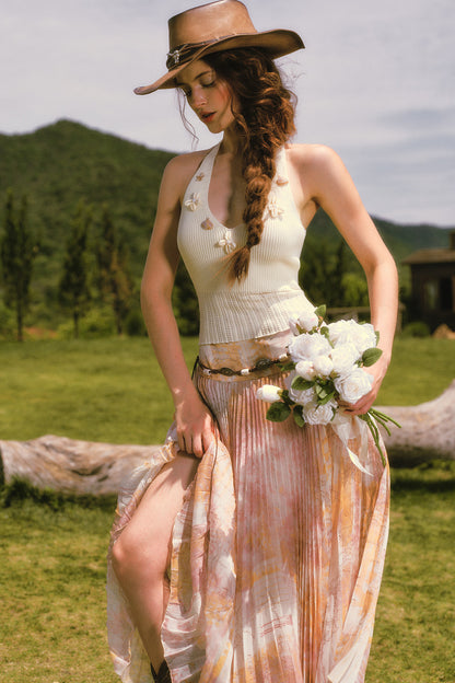 Shell Halter Knitted Cardigan Halter Top and Skirt Set-Up