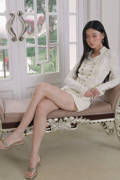 Double-Breasted Asymmetrical Lace Jacket and Skirt Set-Up