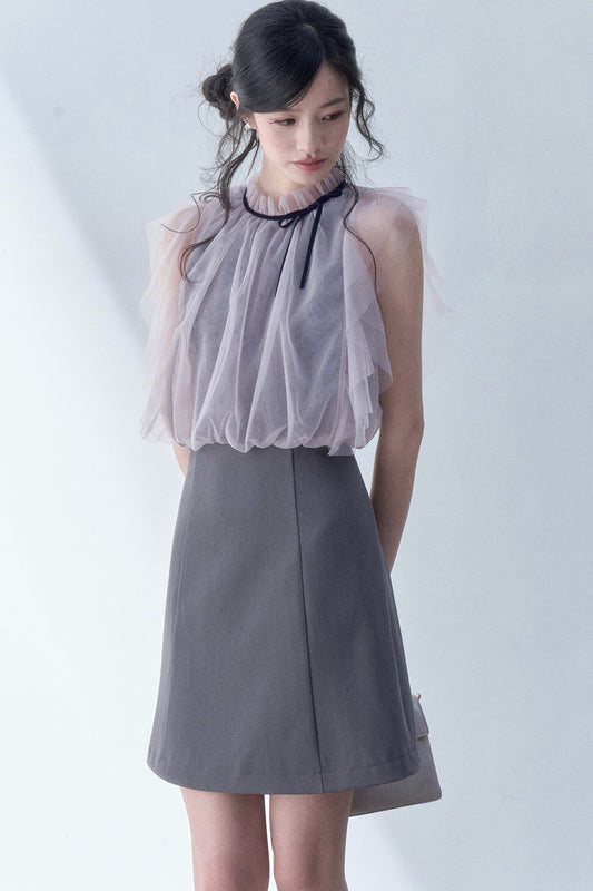 Pleated Mesh Flutter Sleeve Layered-Look Dress
