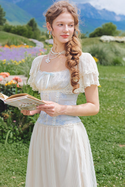 French Retro Lace Trim Top and Skirt Set-Up