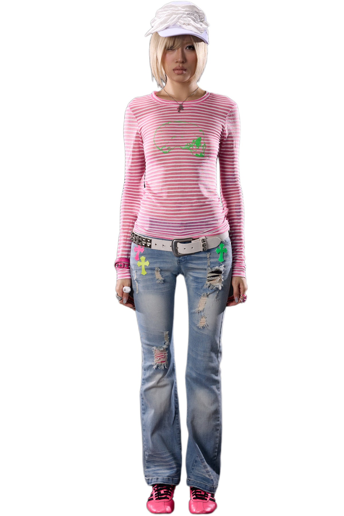Skull Print Striped Long-Sleeve T-Shirt