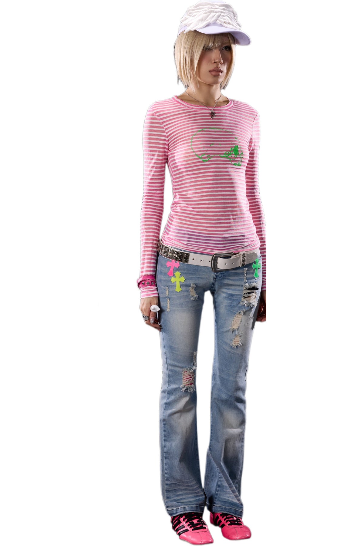 Skull Print Striped Long-Sleeve T-Shirt