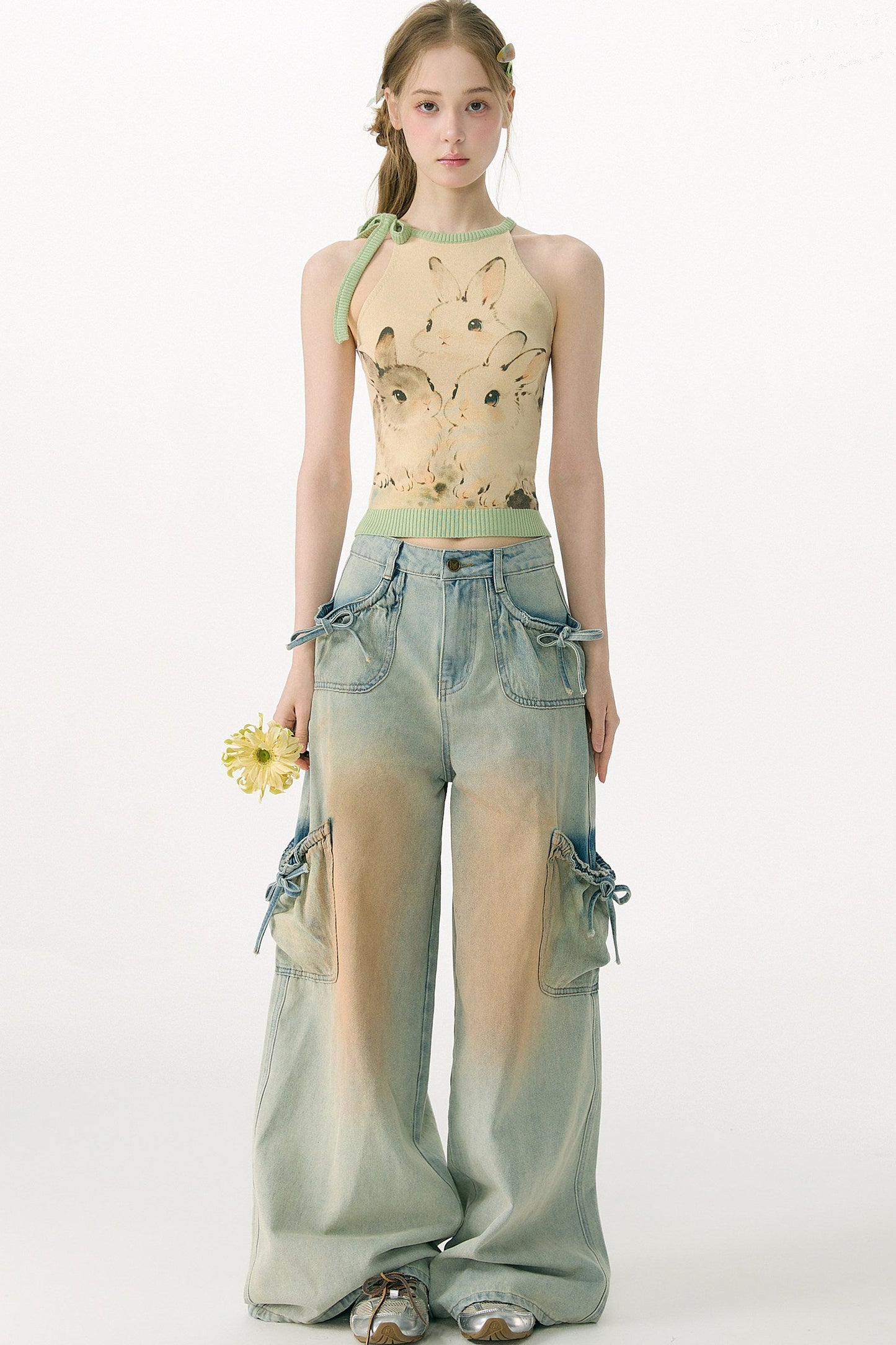High-Waisted Bow-Knot Wide-Leg Denim Pants