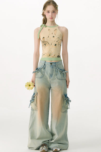 High-Waisted Bow-Knot Wide-Leg Denim Pants