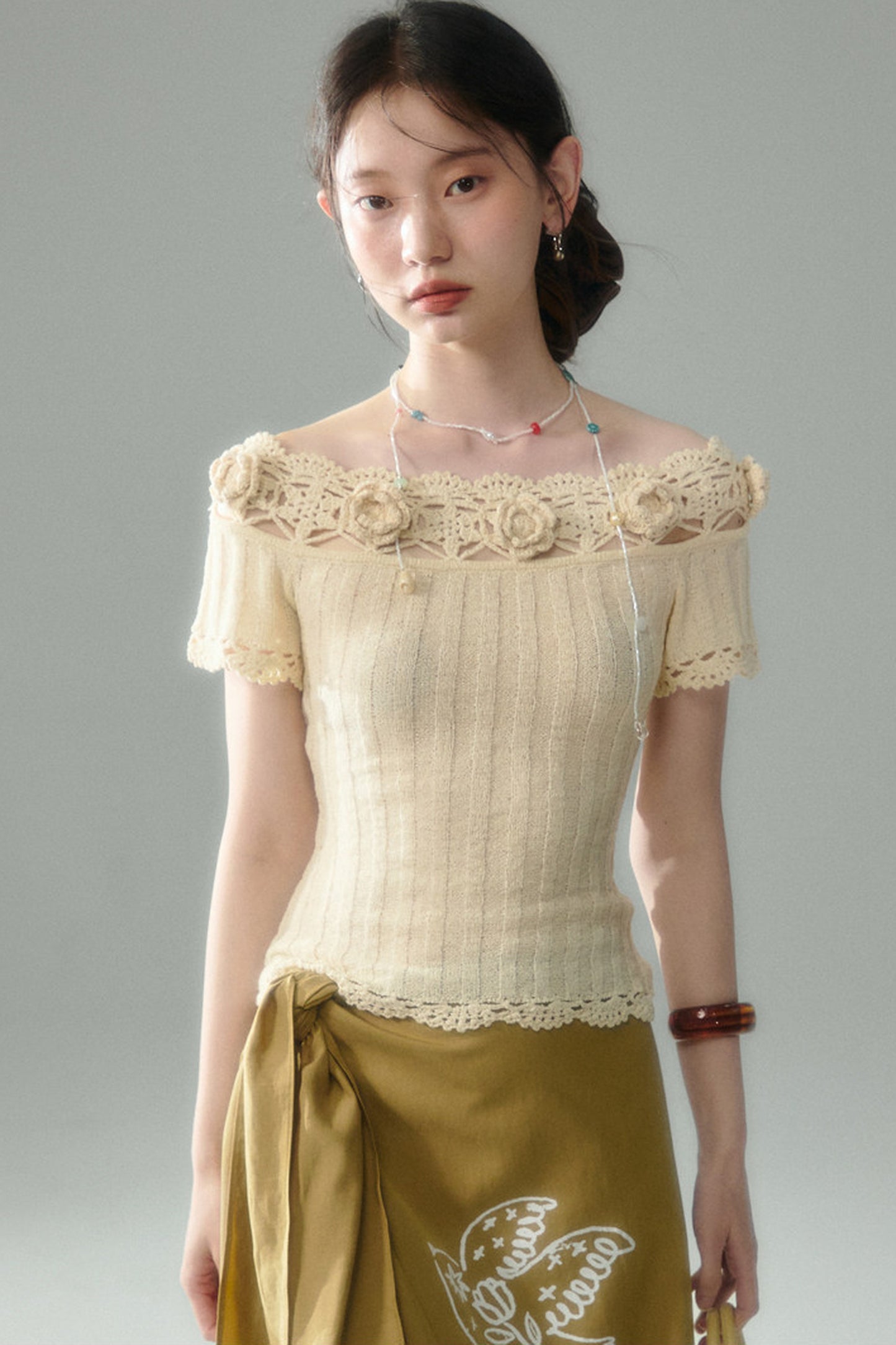 Handmade Crochet Camellia Off-Shoulder Knit Top
