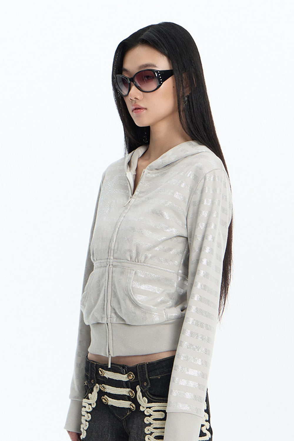 Veste à capuche rayée gris argenté
