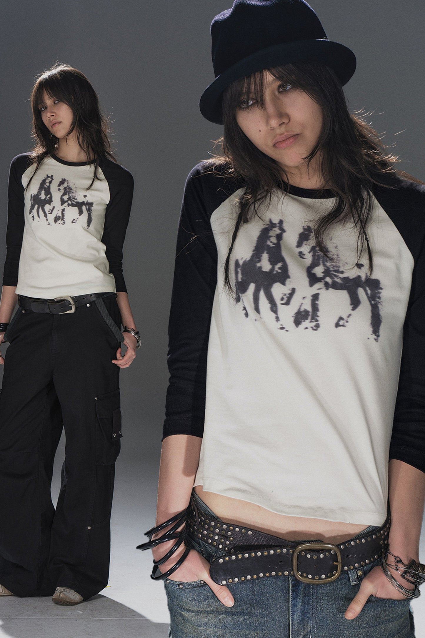 Pony Print Black White Splicing Raglan T-shirt