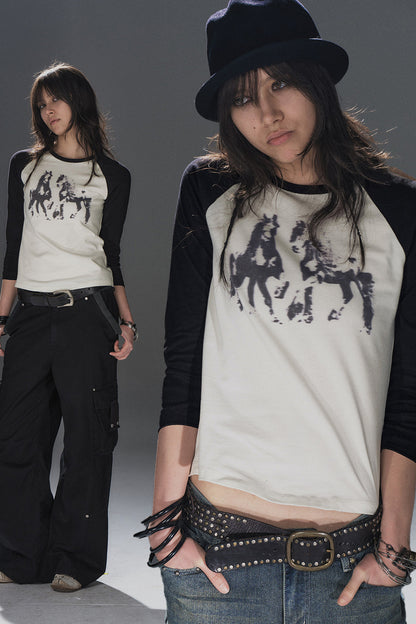 Pony Print Black White Splicing Raglan T-shirt