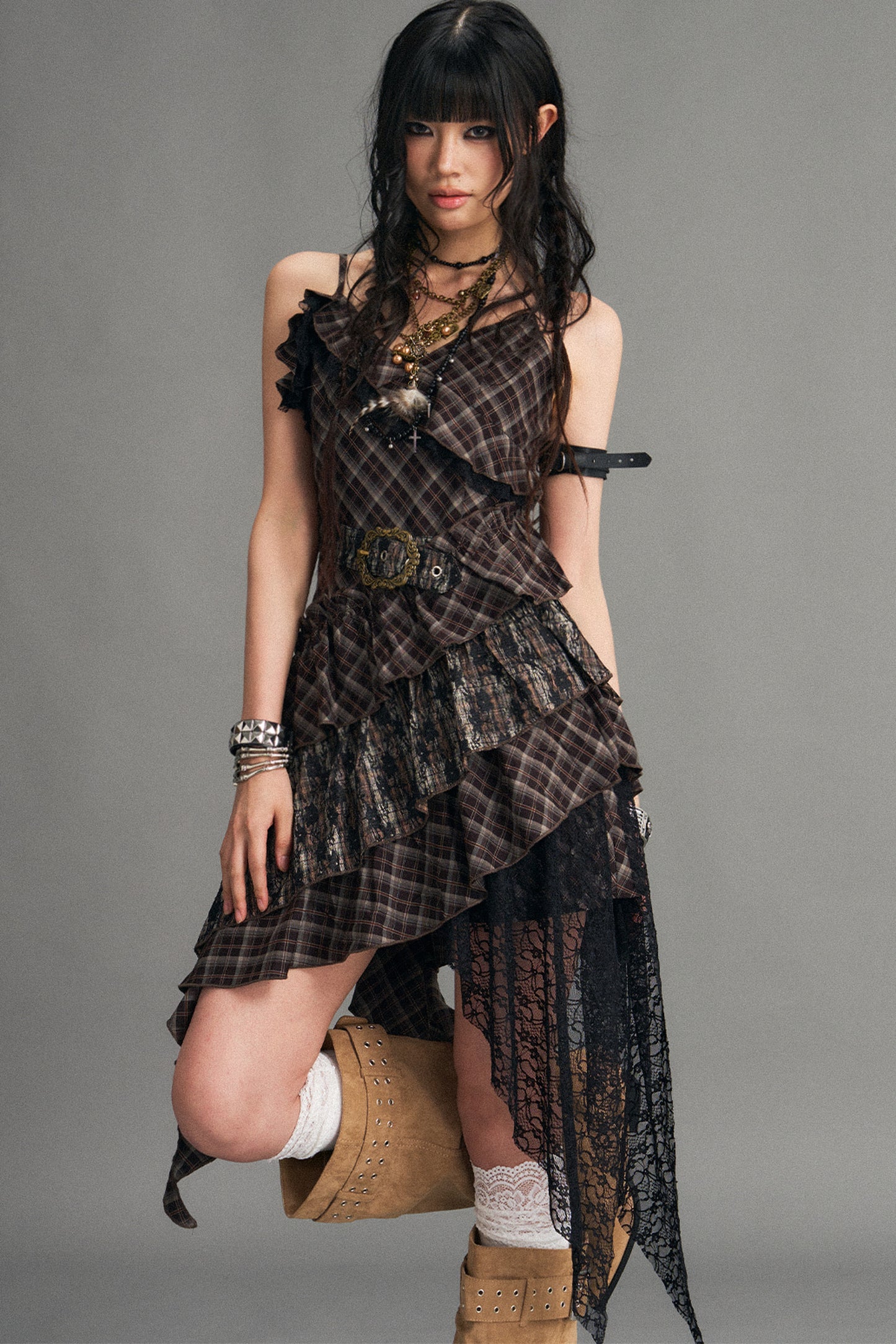 Retro Irregular Plaid Dress