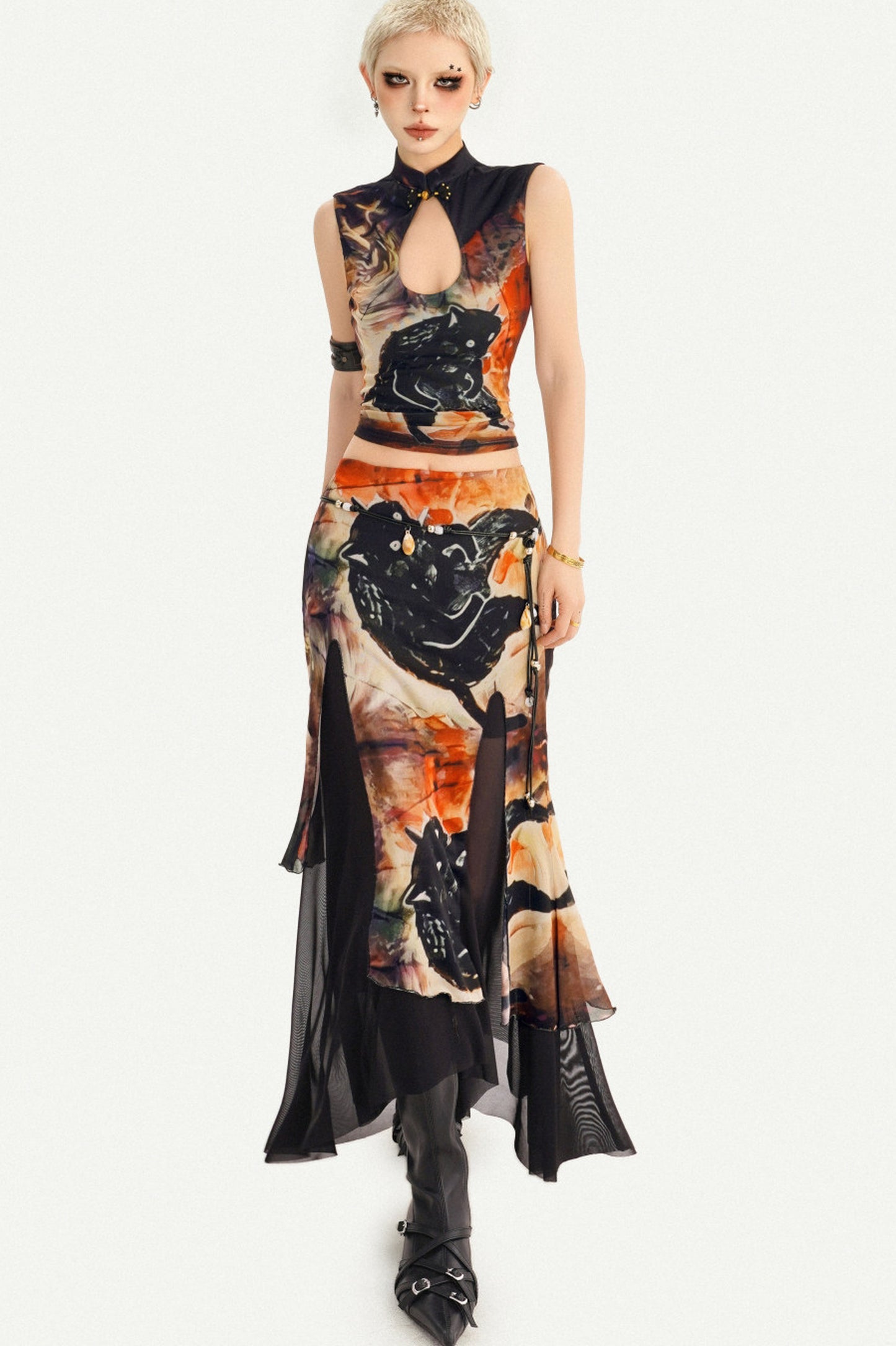 Oriental Ink Painting Print Double-Layer Mesh Tank Top Set-Up