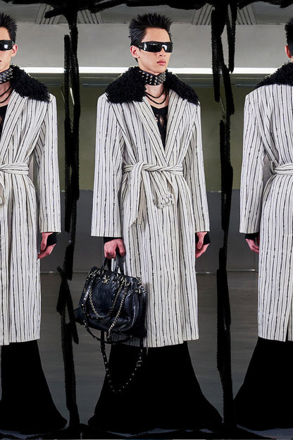 Patchwork Stripe Fur Collar Coat