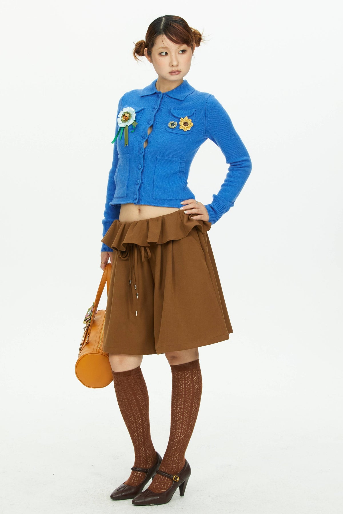 Brown Wide-Leg Ruffle Waist Shorts