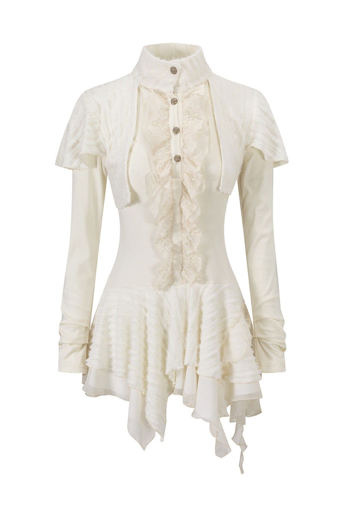 Kleid aus weichem Strick mit Spitzenrüschen und asymmetrischem Capelet