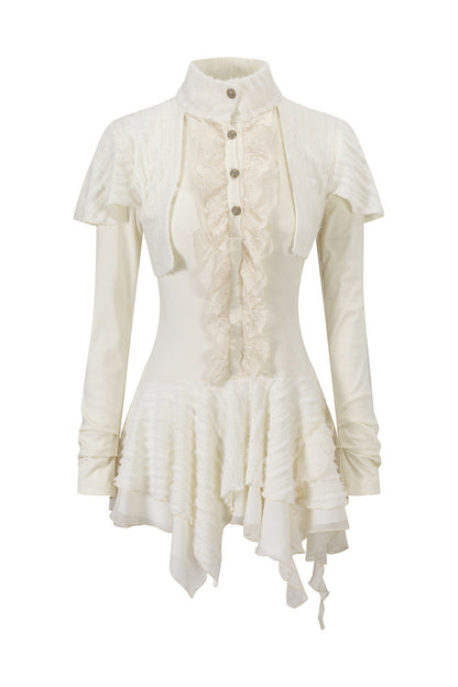 Kleid aus weichem Strick mit Spitzenrüschen und asymmetrischem Capelet