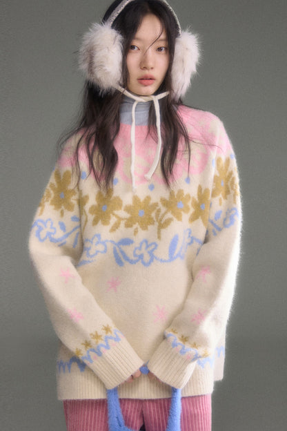 Retro Fair Isle Floral Jacquard Wool Sweater