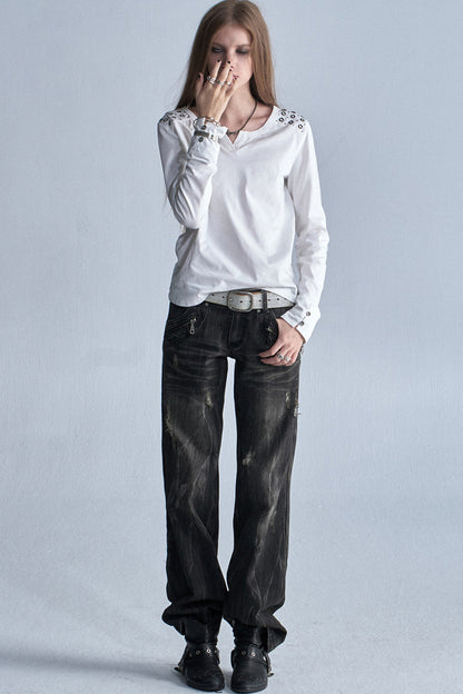 White V-Neck Rhinestone Long Sleeve T-Shirt