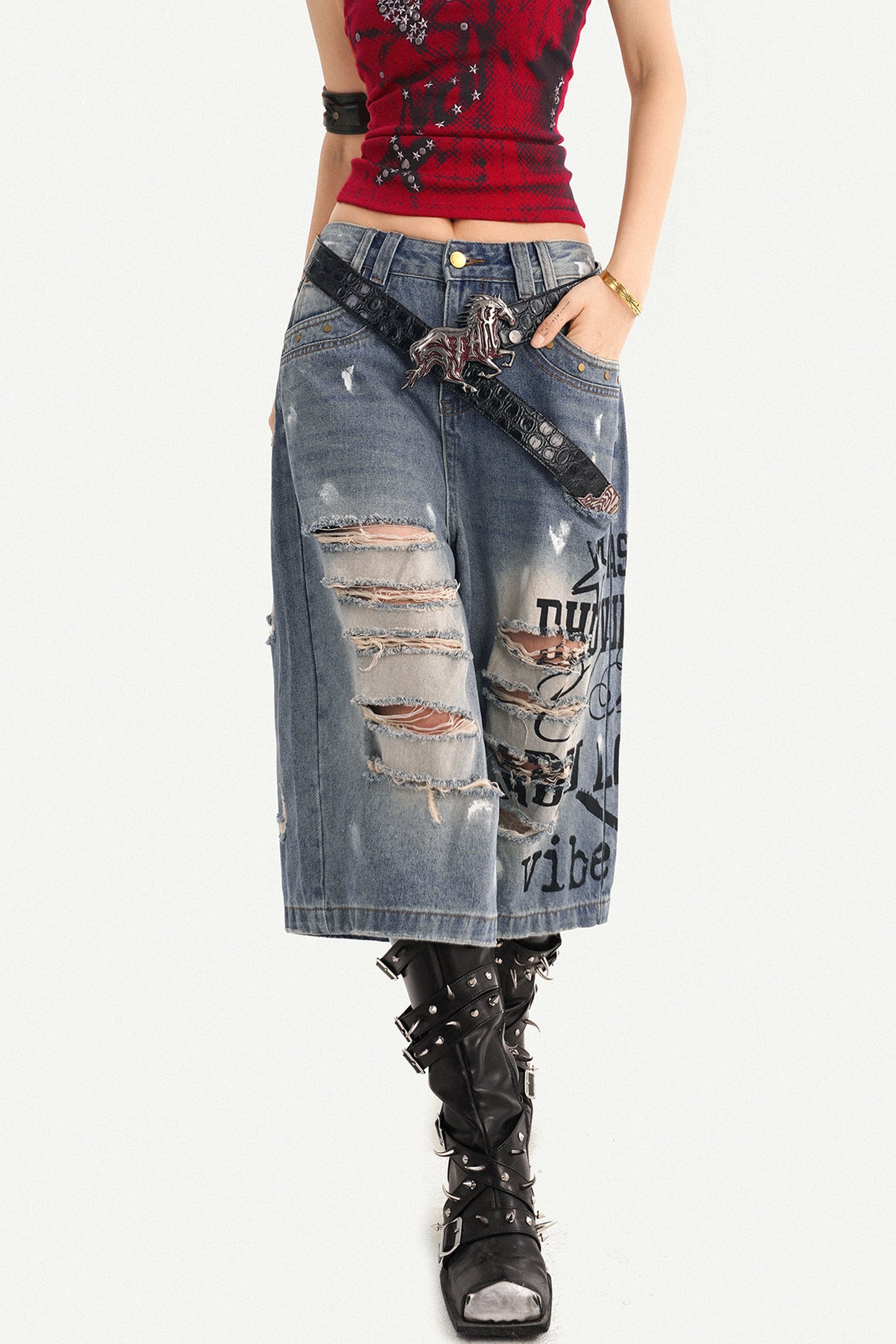 Distressed Letter Print Wide Leg Denim Pants
