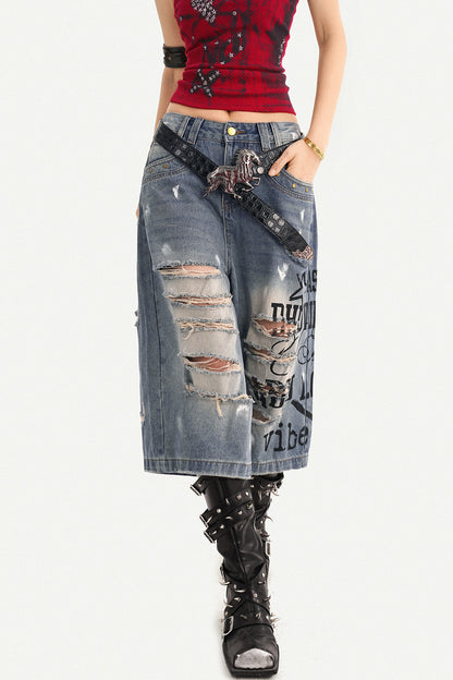 Distressed Letter Print Wide Leg Denim Pants
