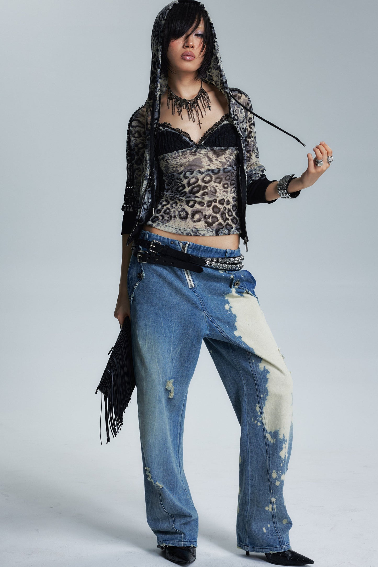 Gold Leopard Rivet Mesh Mid-Sleeve Top
