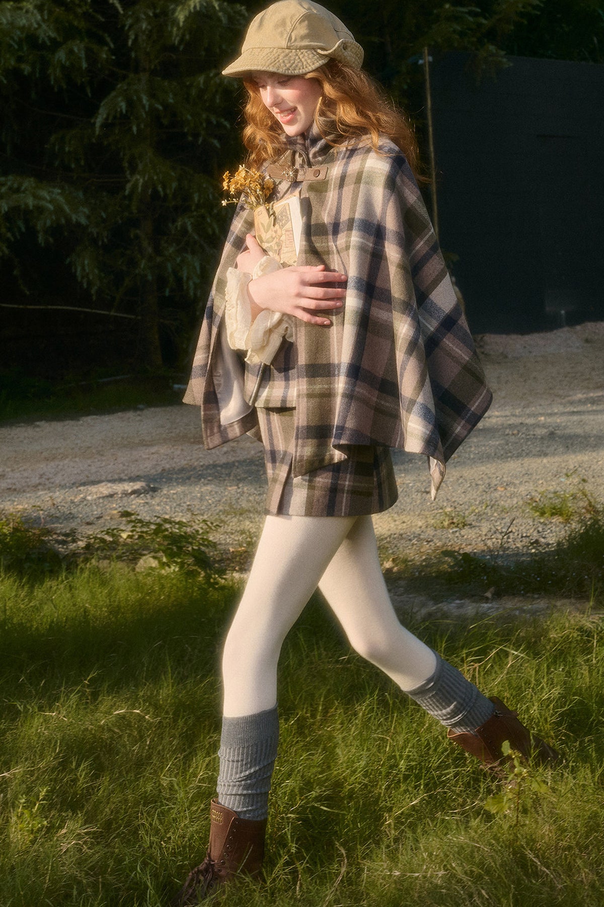 Detachable Plaid Cape Vest And A-Line Skirt Set-Up