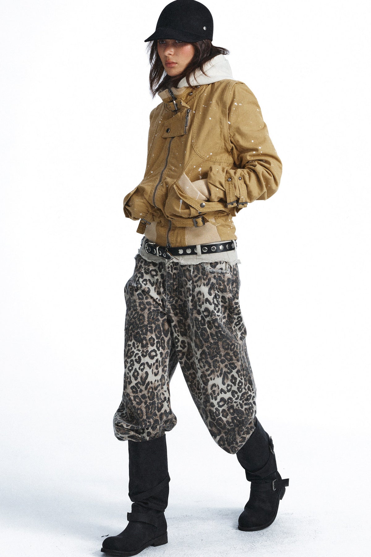 Leopard Print Double-Waistband Wide-Leg Jeans
