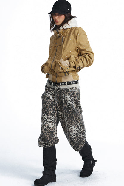 Leopard Print Double-Waistband Wide-Leg Jeans