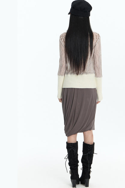 Ribbed Printed Mesh Knit Base Sweater and Skirt Set-Up