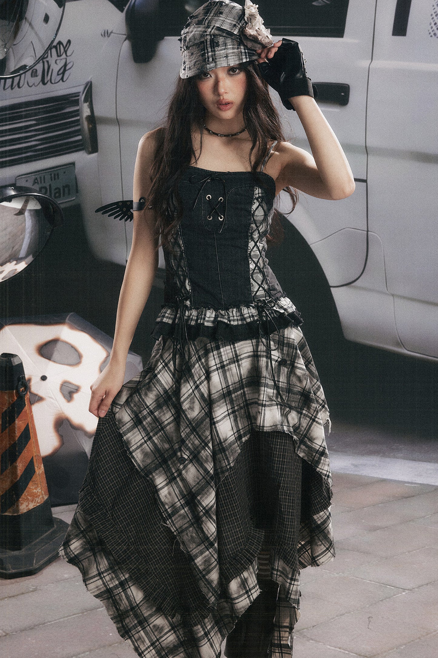 Plaid Splicing Ruffled Denim Camisole Top