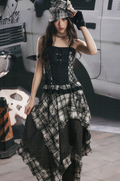 Plaid Splicing Ruffled Denim Camisole Top