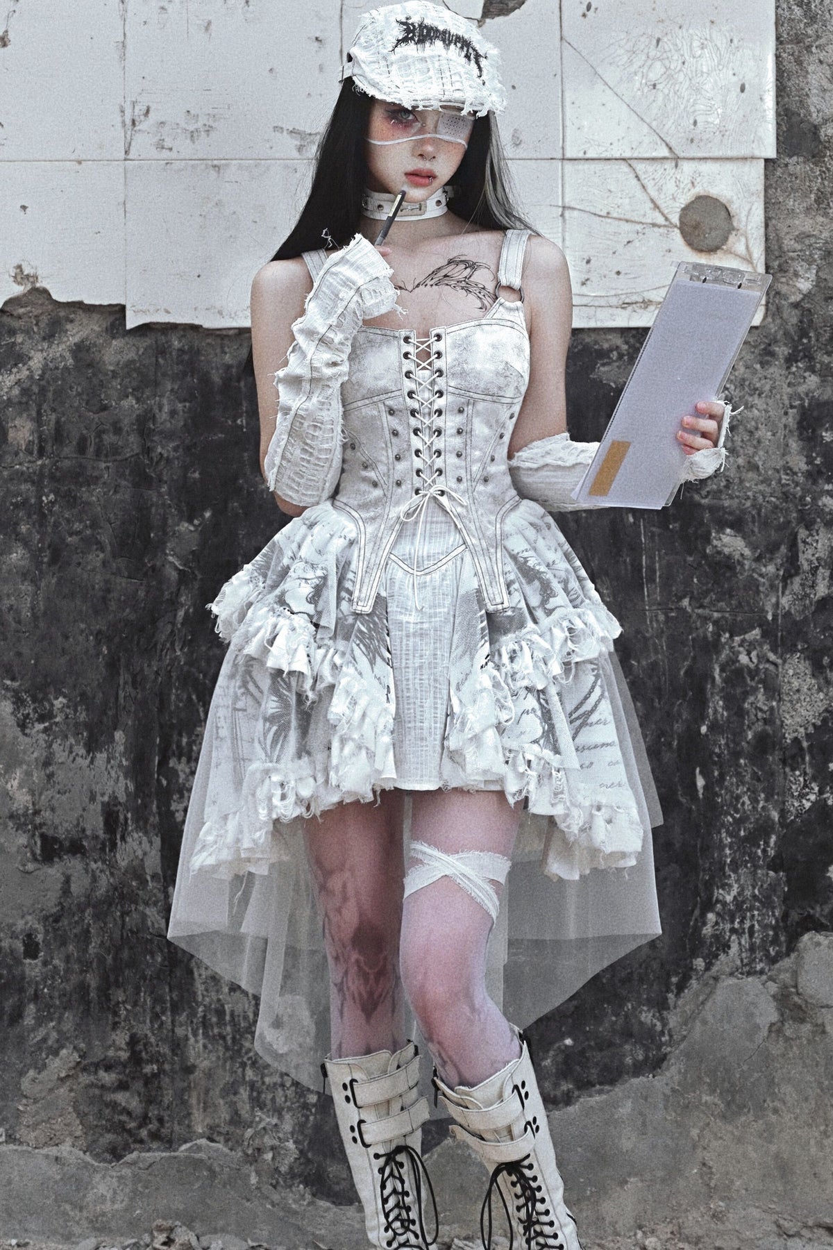 Distressed Suede Trailing Tie-Up Suspender Dress