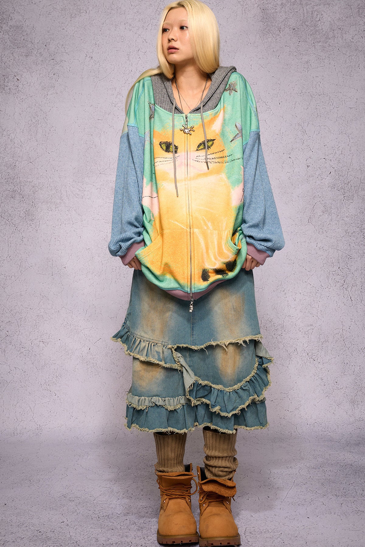 Cat Print Patchwork Sweatshirt Jacket