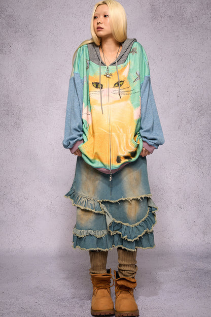 Cat Print Patchwork Sweatshirt Jacket