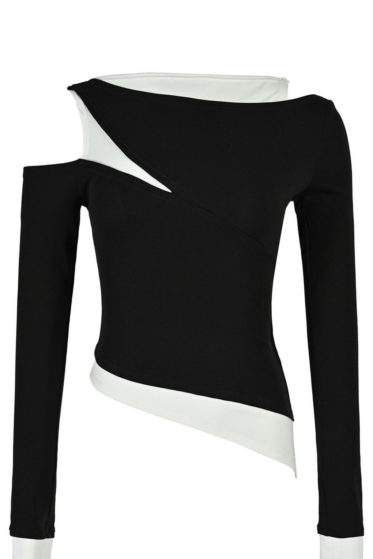 Layered-Look Patchwork Hollow Long-Sleeve T-shirt