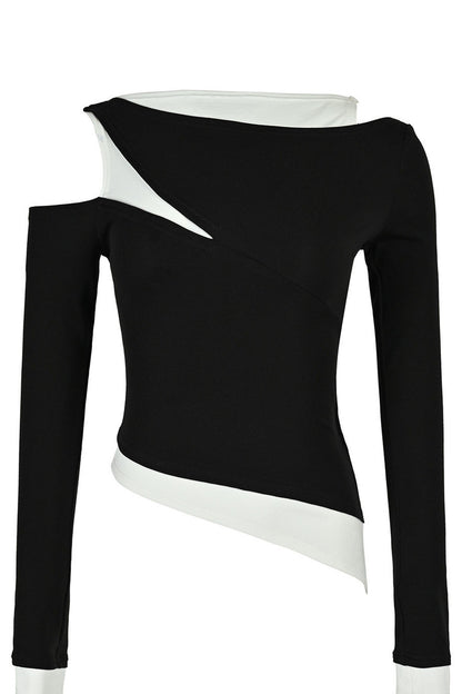 Layered-Look Patchwork Hollow Long-Sleeve T-shirt