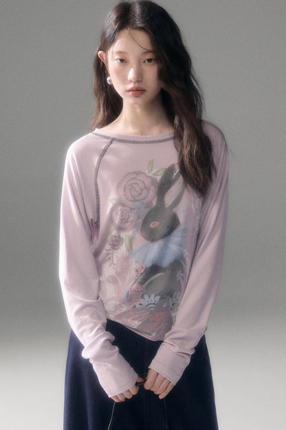 Bunny Print Tencel Long-Sleeved T-Shirt and Pants Set-Up