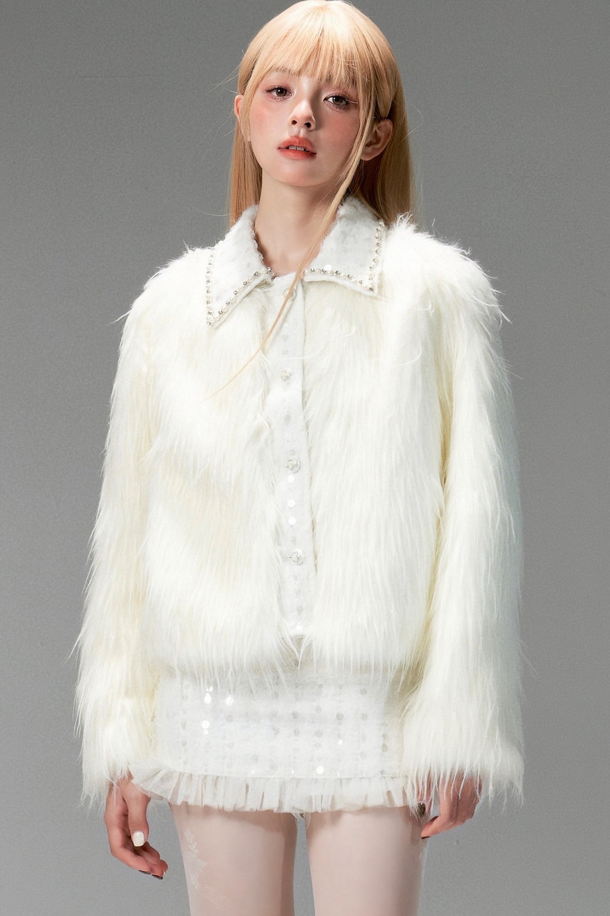 Snow Mountain Silver-White Long-Haired Fur Coat and Skirt Set-Up