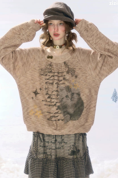 Sweatshirt mit Distressed-Katzenprint