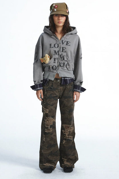 Camouflage Patchwork Multi-Pocket Flared Jeans