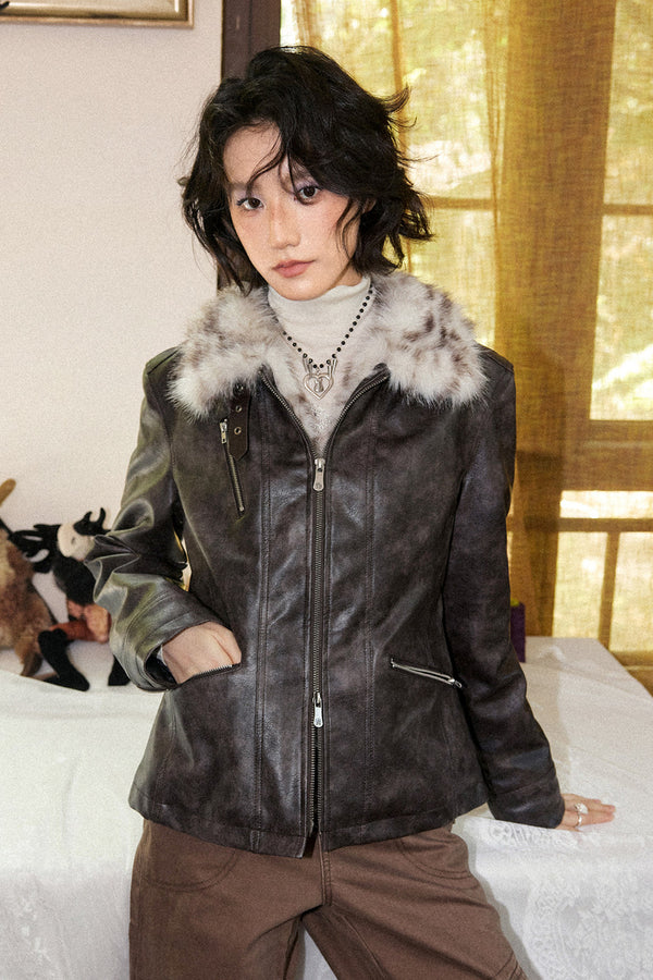 Distressed PU Patchwork Fur Collar Jacket