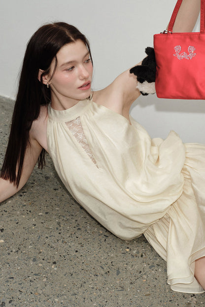 Beige Lyocell Halter Neck Lace Trim Dress