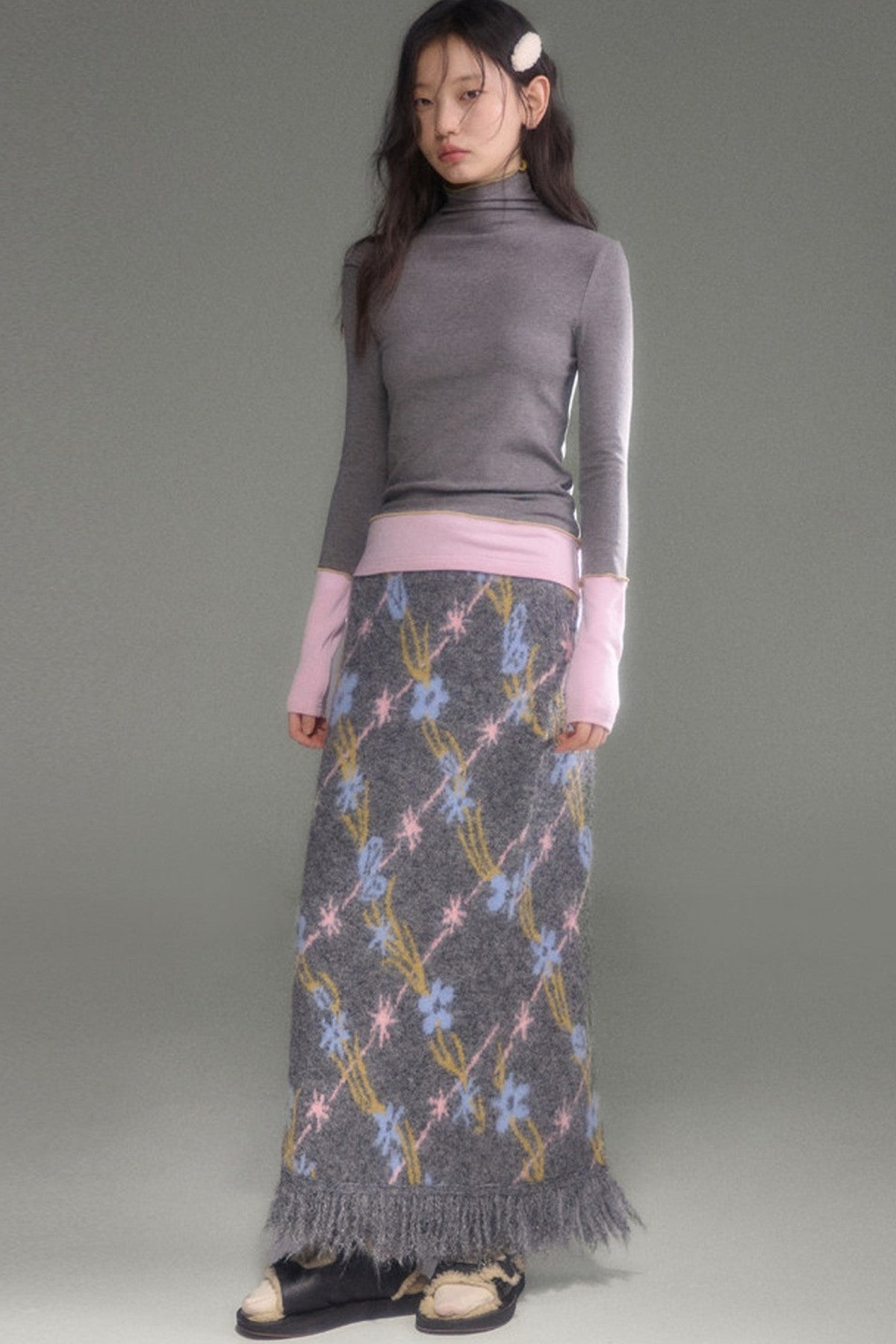 Tulip Floral Jacquard Knit Tassel Skirt