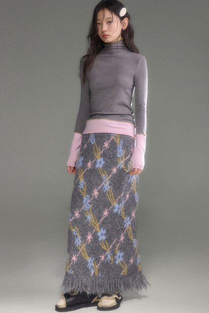 Tulip Floral Jacquard Knit Tassel Skirt