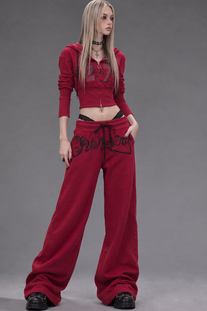 Red Zip-Up Hooded Sweatshirt and Pants Set-Up