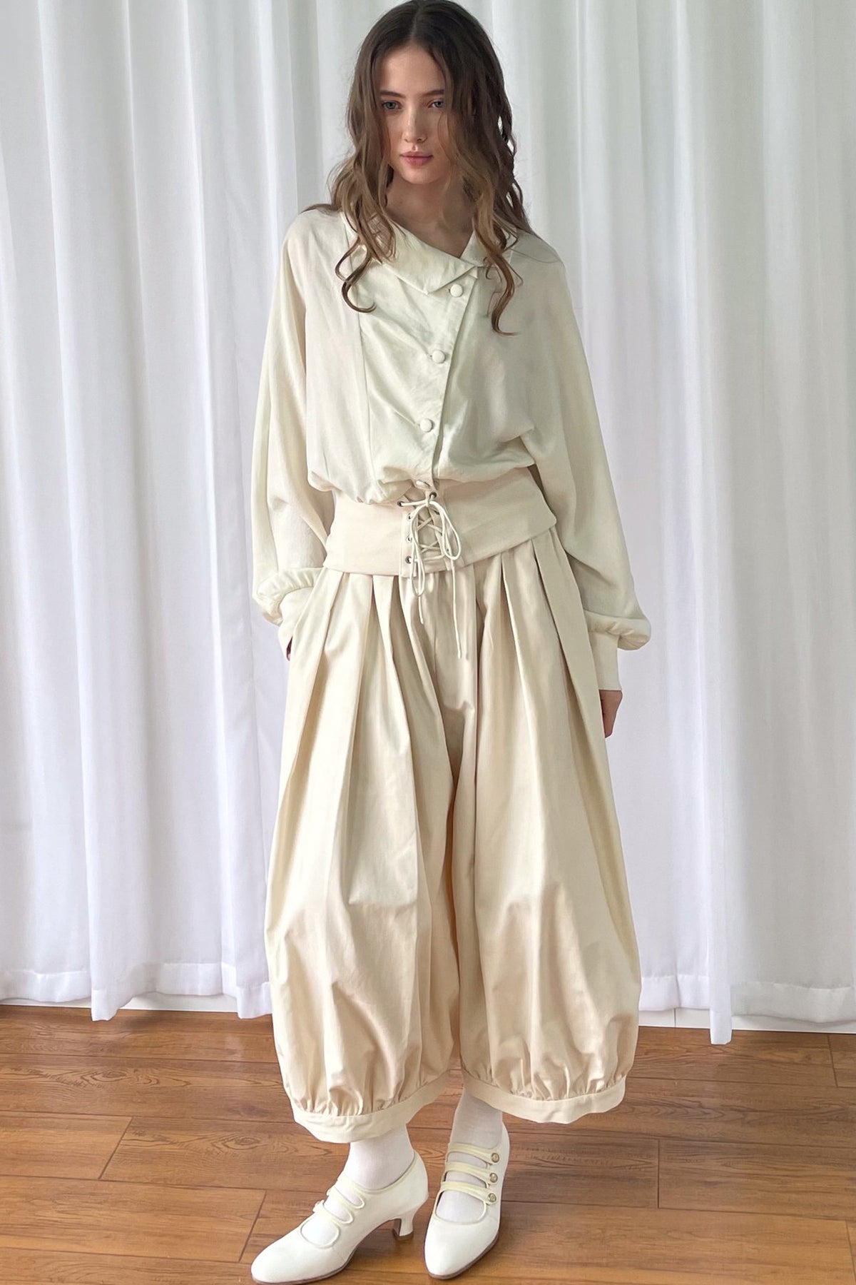 Beige Wide-Leg Lantern Pants