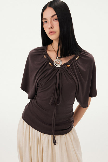 Beaded V Neck Batwing Blouse