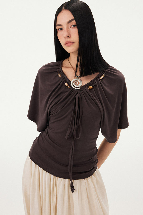 Beaded V Neck Batwing Blouse