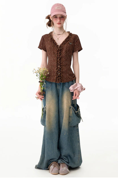 Chemisier marron en dentelle à pois