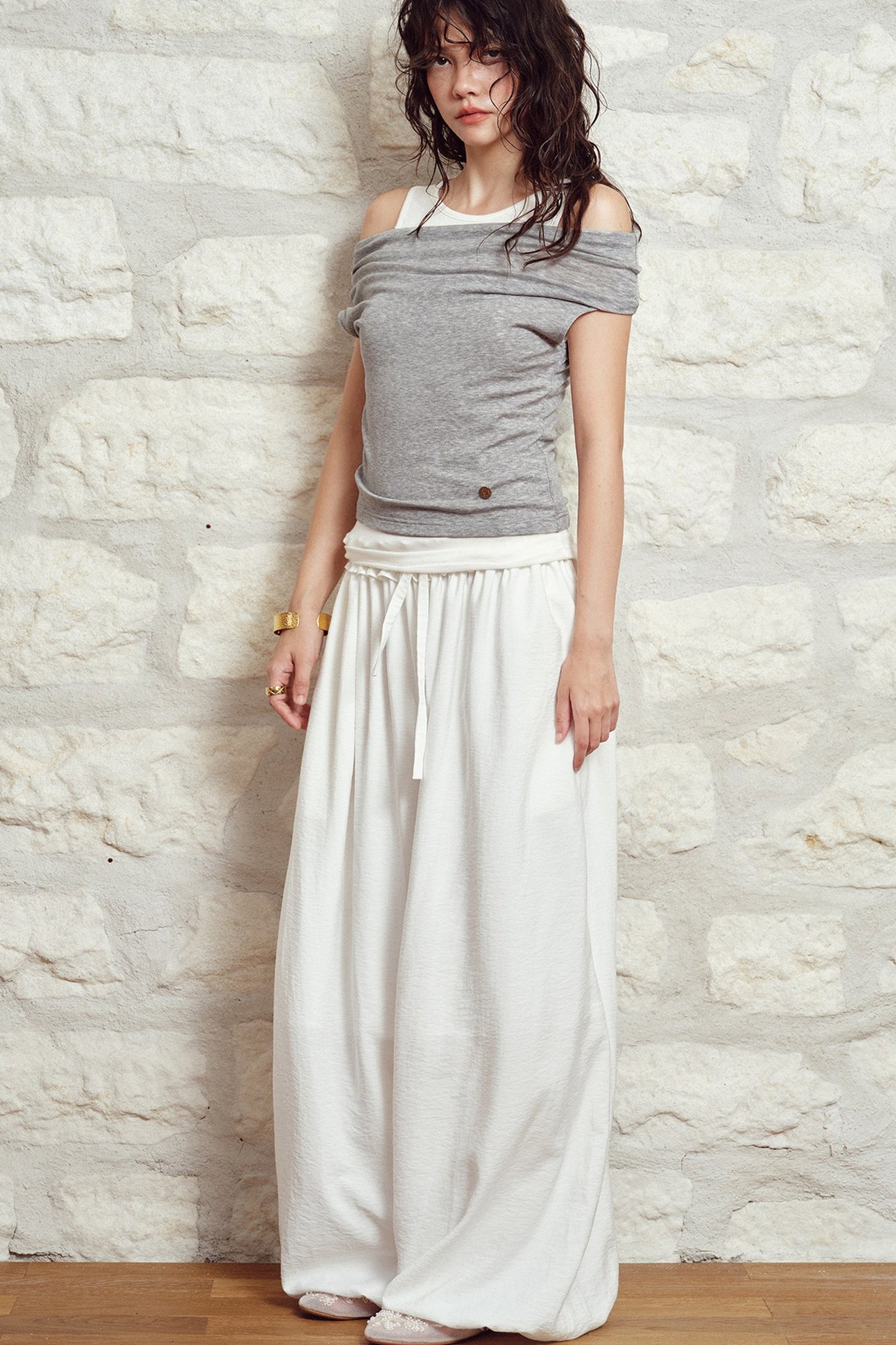 White High-Waisted Drawstring Lantern Pants
