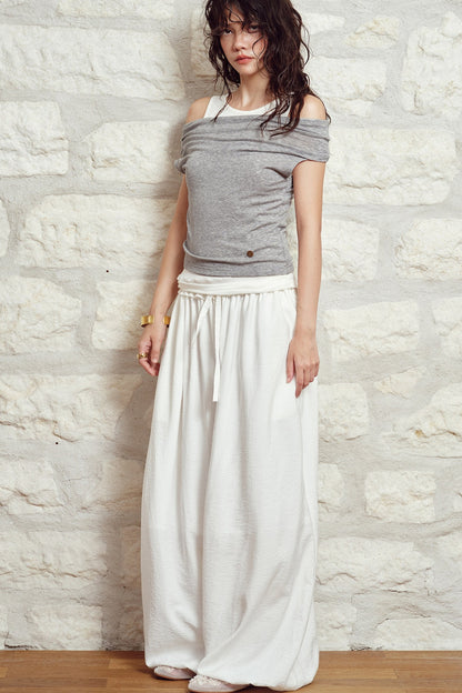 White High-Waisted Drawstring Lantern Pants